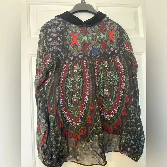 Zara Woman’s Small Sheer Blouse Paisley Colorful Print Sequins Velvet Collar - Picture 8 of 8